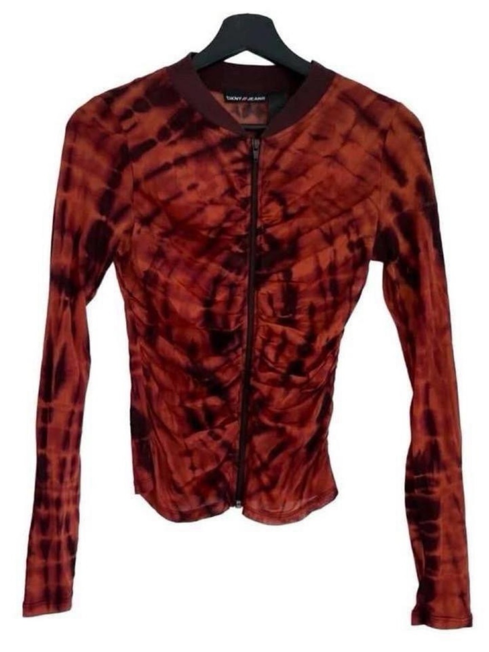 Dkny Mesh Rust Tie-Dye Zip Up Top Long Sleeve Cardigan Vintage Y2K Ruching Crop